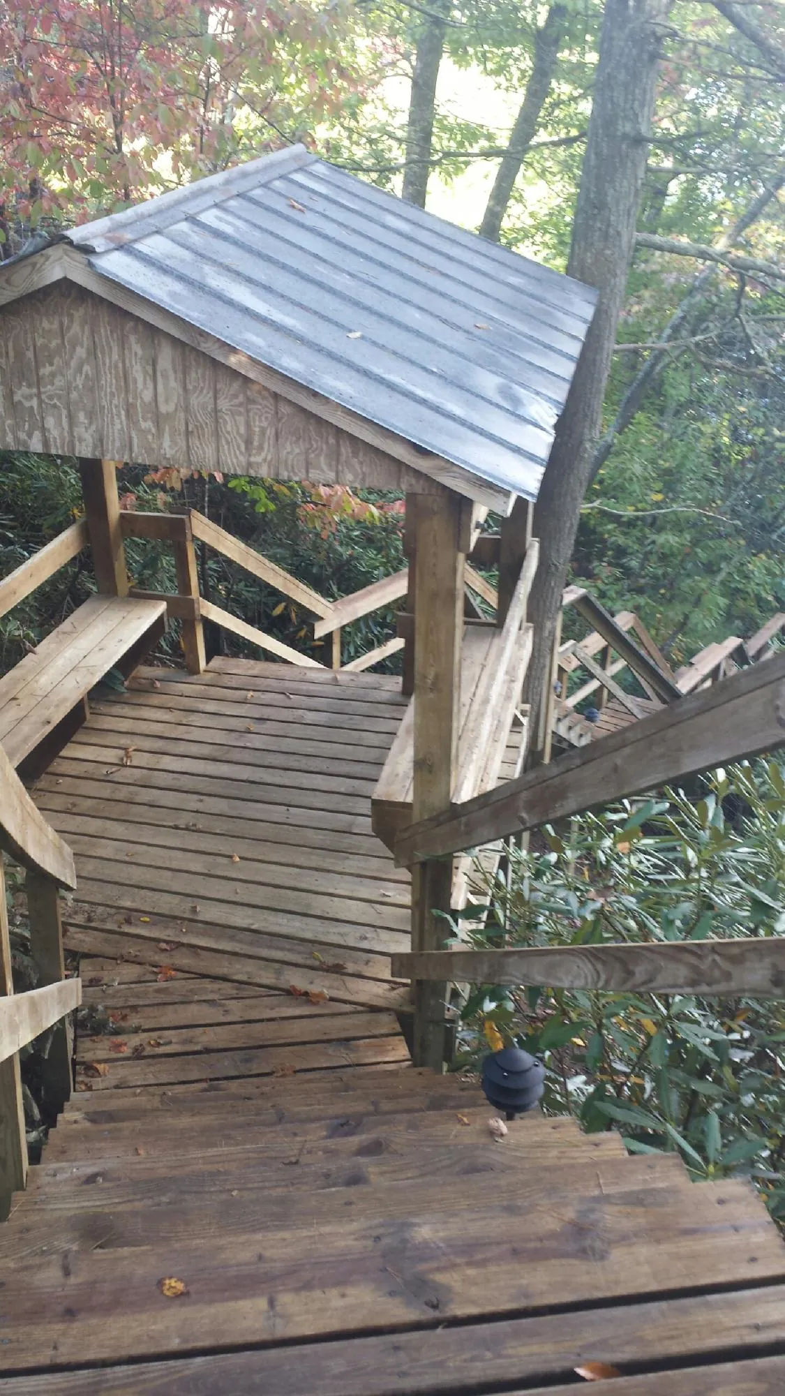 Metal roofed shelter over wooden steps on a wooded walkway — Skylight Repair & Installation work by our crew in Robbins